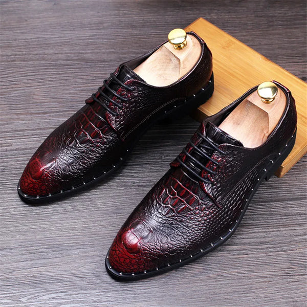 Men's Crocodile Dress Leather Lace-Up Shoes for Wedding and Office Events